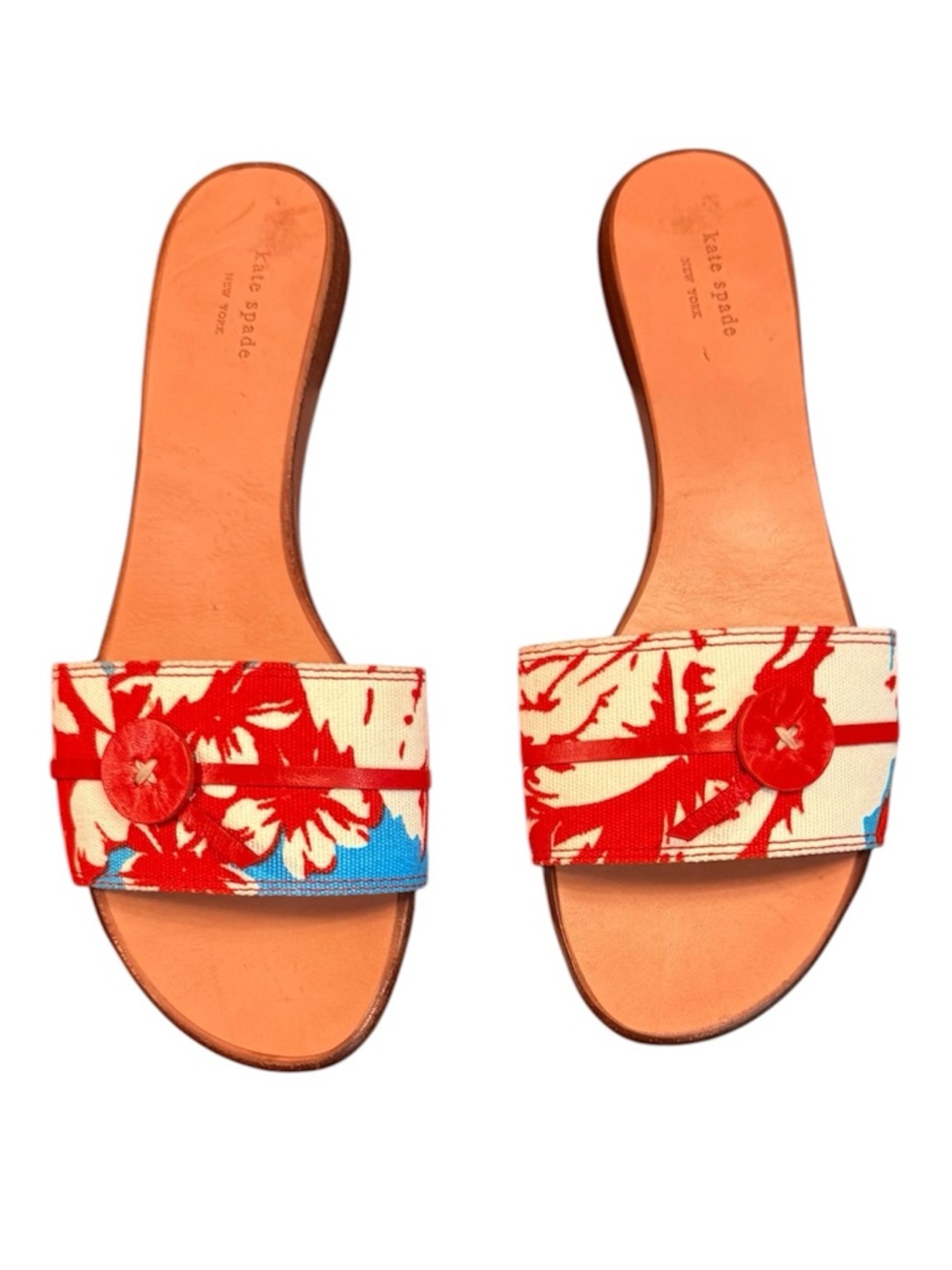 kate spade Red/Blue/Cream Floral Slide Sandals Wooden Heel Size 8